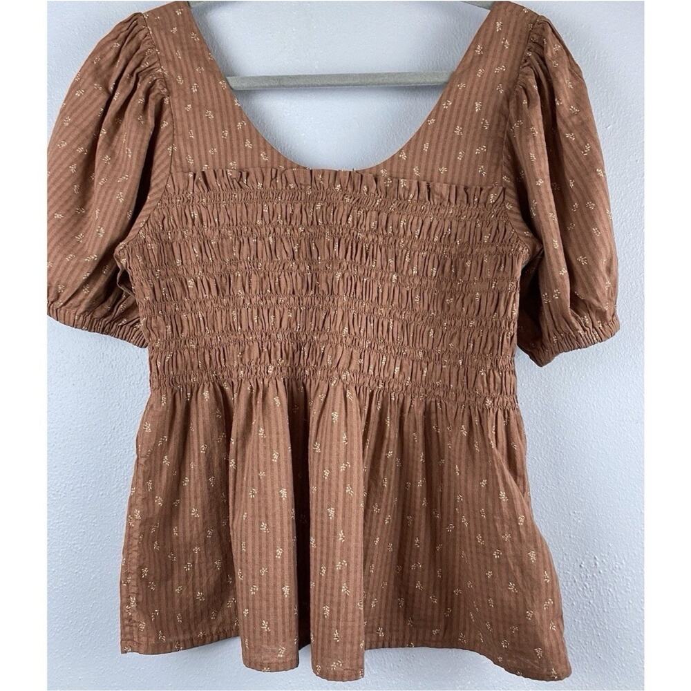 Madewell Smocked Puff Sleeve Top Rust Brown Cotton Babydoll Blouse Size 4 READ - Picture 2 of 9